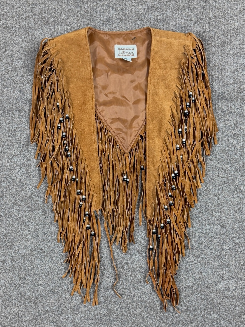 Vintage Brown Suede Leather Western Fringe Beaded Collar Vest Boho Festival Y2K